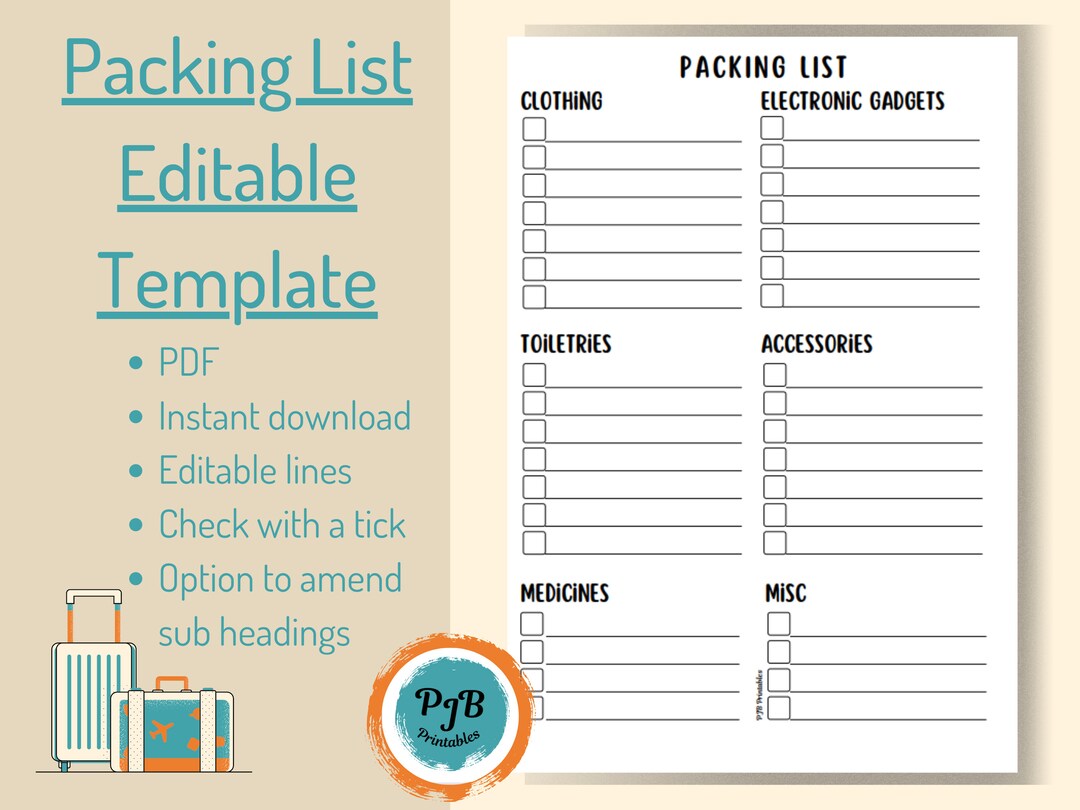 Travel Packing List PDF Download Printable Vacation Packing Etsy