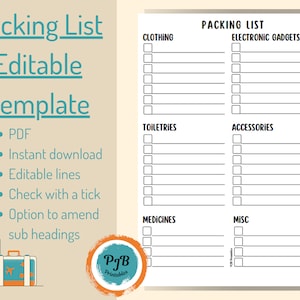 Travel packing list PDF download printable vacation packing list template editable packing checklist for planner digital download trip pack
