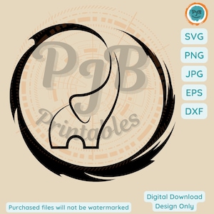 Puede incluir: Silueta en blanco y negro de un elefante dentro de un círculo con un patrón geométrico. El texto "PJB Printables" es visible en la imagen.