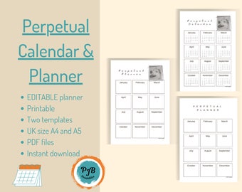 Perpetual calendar printable Siberian husky gift planner printable yearly planner woodland themed calendar editable undated calendar PDF