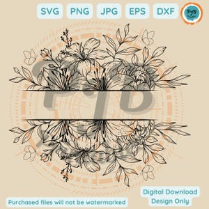 May include: Black and white line art illustration of a floral wreath with a banner in the center. The wreath is made up of lilies, peonies, and other flowers. The banner is blank and can be used for text or a logo.