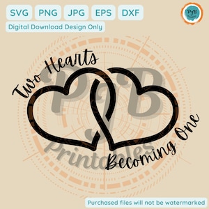 Könnte beinhalten: Zwei schwarze Herzen, die miteinander verschlungen sind, mit dem Text "Two Hearts Becoming One" in schwarzer kursivschrift.