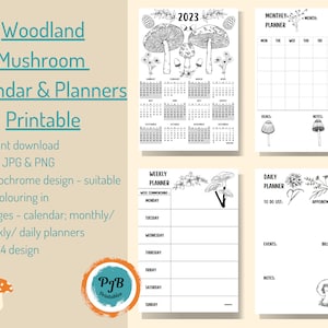 Monthly planner printable calendar 2023 planner undated weekly planner vintage mushroom printable woodland themed nature lover gift bundle