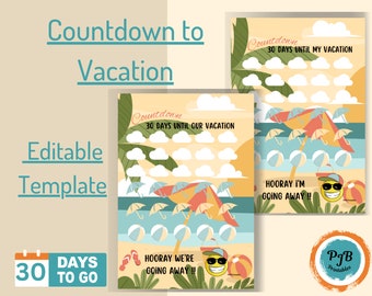 Cuenta regresiva para la planificación de vacaciones Cuenta regresiva editable de 30 días nuestra plantilla PDF de viaje inserta días hasta el gráfico recordatorio cuenta regresiva verano en la playa