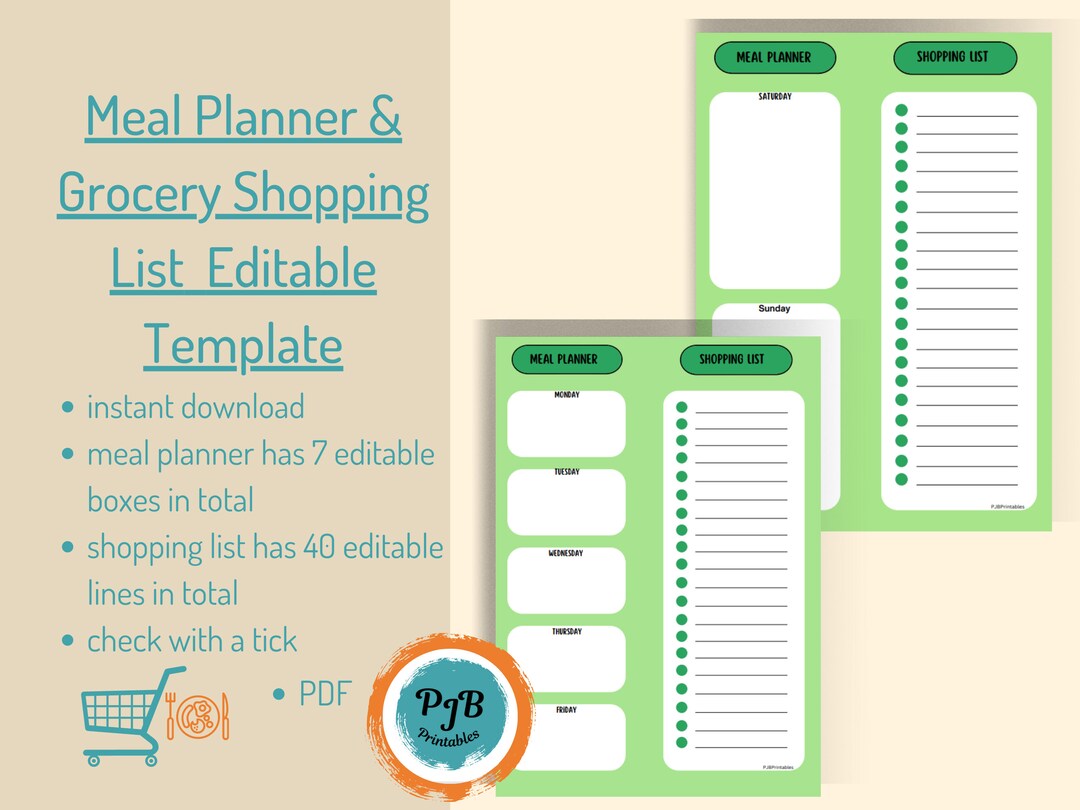 Grocery List Meal Planner Editable Weekly Meal Planner Printable ...