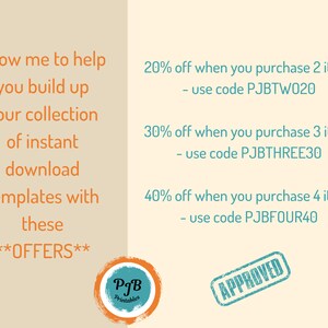 Puede incluir: Un gr&aacute;fico con texto que dice "Allow me to help you build up your collection of instant download templates with these **OFFERS**". El gr&aacute;fico tambi&eacute;n incluye una lista de descuentos para la compra de varios art&iacute;culos. Los descuentos son del 20% para 2 art&iacute;culos, del 30% para 3 art&iacute;culos y del 40% para 4 art&iacute;culos. El gr&aacute;fico tambi&eacute;n incluye un logotipo para PJB Printables y un sello "APPROVED".
