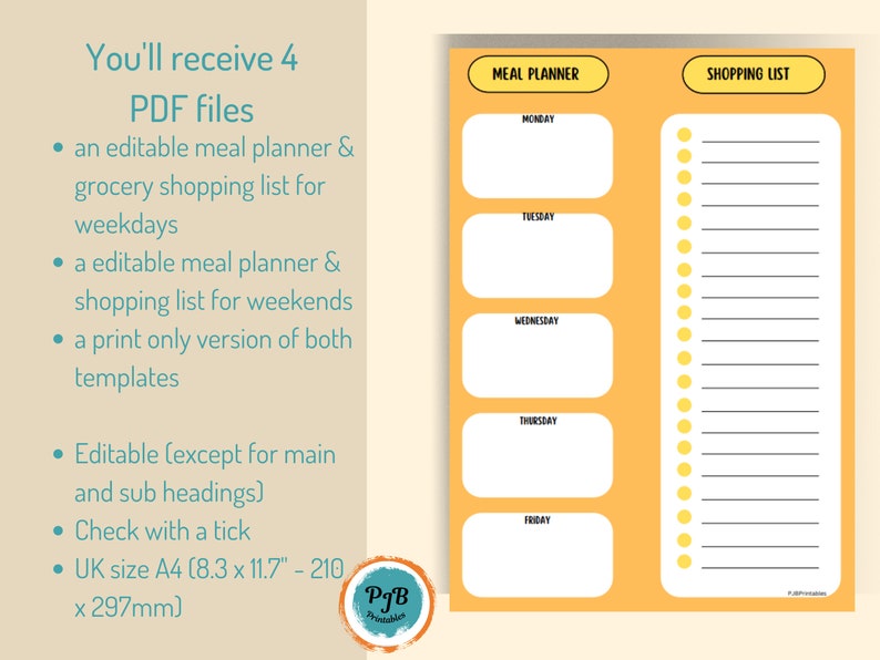 Grocery List Meal Planner Editable Weekly Meal Planner Printable ...