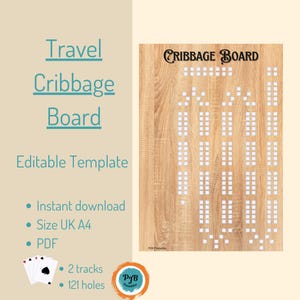 Op de afbeelding: Printbare cribbage-bord sjabloon op een houtnerf achtergrond. De sjabloon heeft twee sporen en 121 gaten. De tekst "Cribbage Board" staat bovenaan de sjabloon.