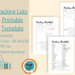 Puede incluir: Plantilla de lista de empaque imprimible en dos tama&ntilde;os, A4 y A5 del Reino Unido. La lista de empaque incluye secciones para ropa, documentos, art&iacute;culos de tocador y art&iacute;culos diversos. La plantilla est&aacute; disponible como archivo PDF para descarga instant&aacute;nea.