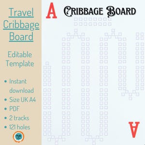 Juego de mesa de cribbage de viaje, obsequios para viajeros, tablero de cribbage único, tarjeta de puntuación editable, tablero de cribbage, juego de mesa de cribbage de dos pistas, tarjetas de juego en formato PDF