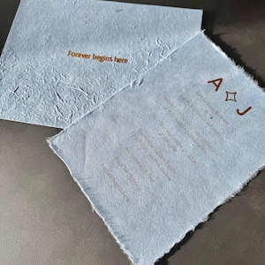 Puede incluir: Invitación de boda azul claro con bordes rasgados. La invitación incluye los nombres Amelia Rose Bennett y James Alexander Whitmore, junto con la fecha y el lugar de la boda. El texto "Forever begins here" está impreso en marrón.
