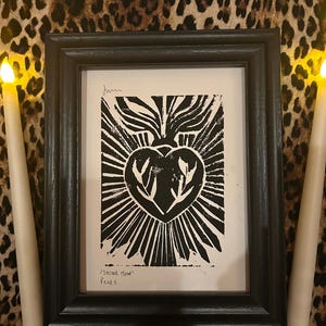 Gothic Sacred Heart Lino Print ,A5 Original Artwork.