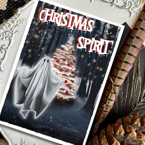 Tarjeta con espíritu navideño, fantasma, escena festiva en el bosque, tarjeta navideña gótica, tamaño A5, tarjeta reciclada