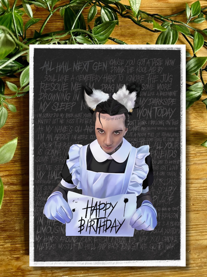 May include: A black and white illustration of a person wearing a maid outfit and holding a sign that says "Happy Birthday". The background is black with white text that includes song lyrics.