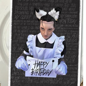 May include: A black and white birthday card featuring a person dressed in a maid outfit holding a sign that says "Happy Birthday". The card has a dark background with white text that reads "All Hail Next Gen" and other phrases.