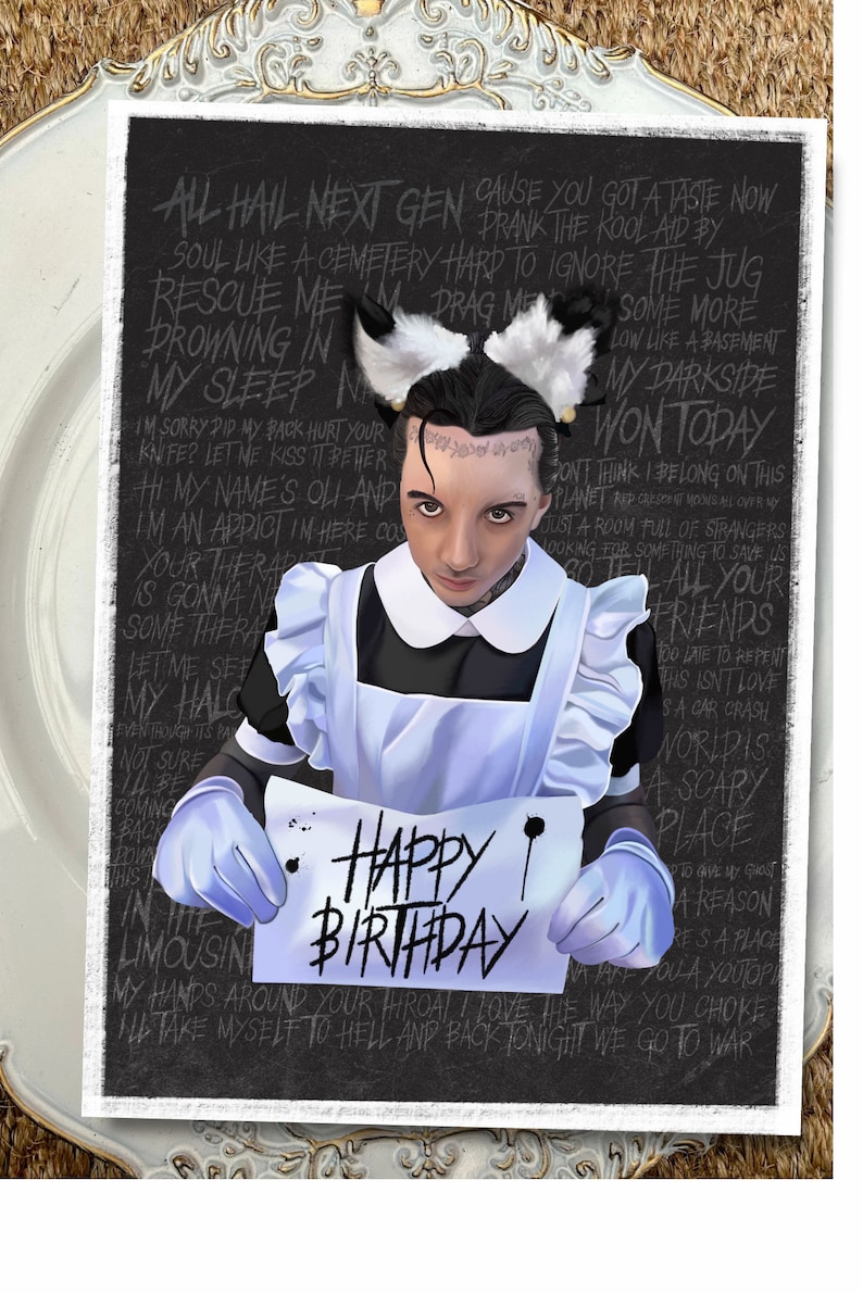 May include: A black and white birthday card featuring a person dressed in a maid outfit holding a sign that says "Happy Birthday". The card has a dark background with white text that reads "All Hail Next Gen" and other phrases.