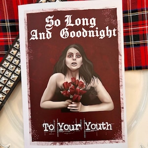 Tarjeta de felicitación de cumpleaños con mensaje "Hasta luego y buenas noches". Música emo, emo anciano, nostalgia de los años 2000