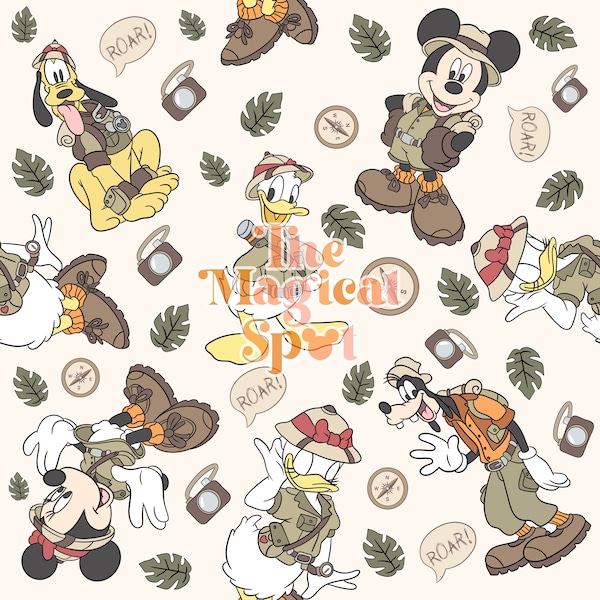 Mouse and Friends Safari Seamless Pattern, Cartoon Seamless file, Magical Kingdom Seamless Pattern