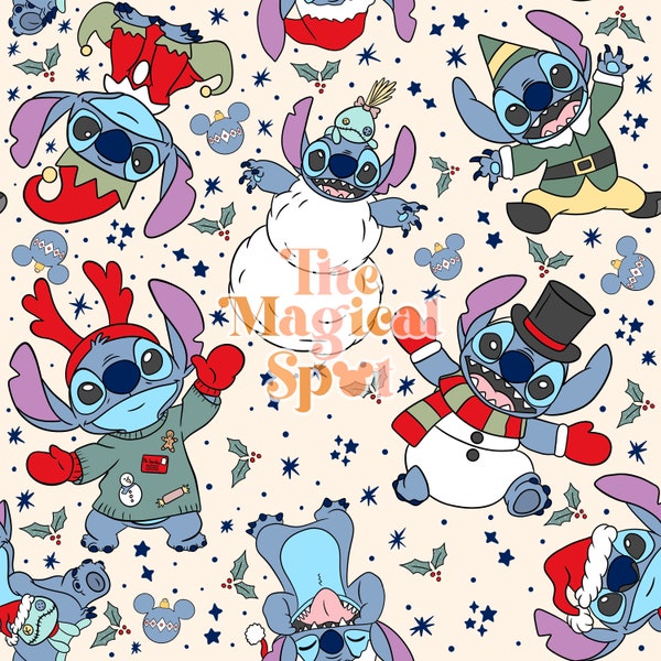 Christmas Stitch Seamless Pattern, Christmas Seamless File, Lilo and Stitch Digital Pattern