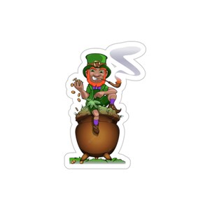 May include: A cartoon leprechaun with a green hat, red beard, and green clothing sits on a pot of gold. He is holding a pipe and a handful of gold coins.