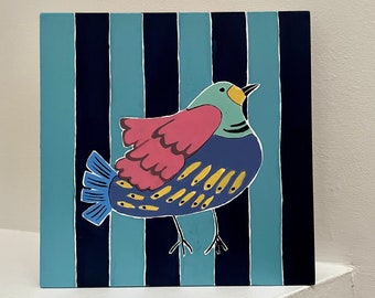 Abstract bird painting.  Whimsical bird acrylics on cradled wood.  Colorful and fun, direct from my imagination!  8"x8"x1" on cradled wood