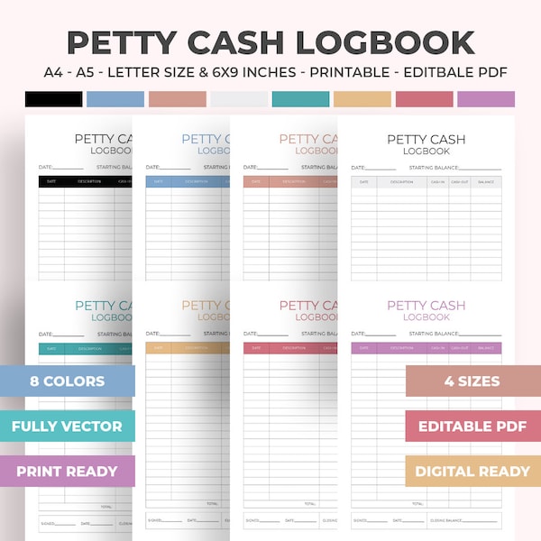 Petty Cash Logbook, Petty Cash Log, Petty Cash Journal, Petty Cash Ledger Printable