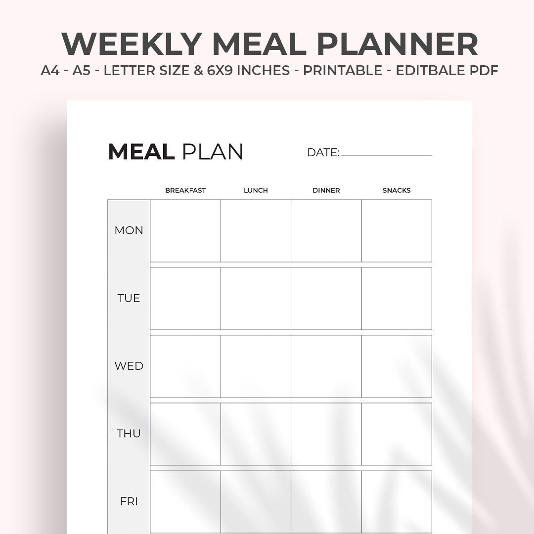 Weekly Meal Planner Printable, Meal Schedule Template, Meal Prep Planner Template, Printable ...