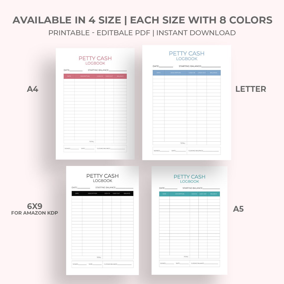 Petty Cash Logbook, Petty Cash Log, Petty Cash Journal, Petty Cash ...