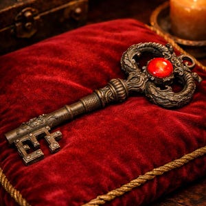 Può includere: Una chiave antica in bronzo con dettagli ornati e una gemma rossa centrale. La chiave è appoggiata su un cuscino di velluto rosso con bordi dorati. Il design della chiave suggerisce un tema vintage o fantasy.