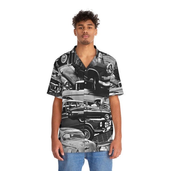 Vintage Car Photo Print Men's Hawaiian Shirt, Retro Classic Car Lover Camp Shirt, Button Down Summer Shirt, Short Sleeve - Black