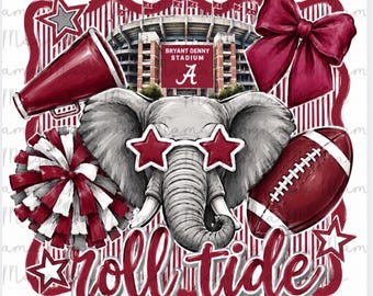 May include: A graphic design featuring a gray elephant wearing star-shaped crimson sunglasses, a crimson megaphone, a crimson bow, a football, a pom-pom, and Bryant-Denny Stadium. The text "roll tide" is written in a white script font at the bottom.