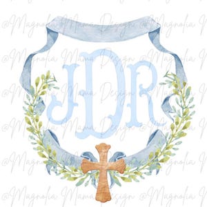 May include: A watercolour design with a light blue monogram, green leaves, and blue ribbons. A wooden cross is centered below the monogram. The design includes the text "Magnolia Mama Design" in a script font.