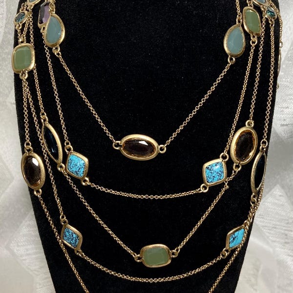 Vintage Carolee Gold Tone Multi Strand Statement Necklace Faux Gemstones 22”
