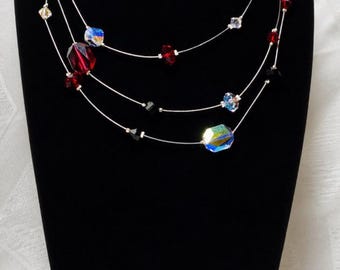 Sterling Silber Layered Kristall Halskette | Rubinrot, Schwarz & Aurora Borealis | Thai 925