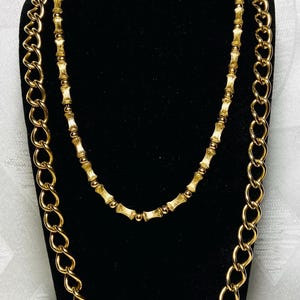 Vintage Monet Layered Gold Tone Necklace Set | Signed Monet Chunky Chain & Bamboo Link Necklaces | 1980s Statement Jewelry
