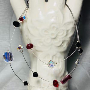 Sterling Silver Layered Crystal Necklace | Ruby Red, Black & Aurora Borealis | Thai 925