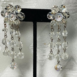 Vintage Crystal Chandelier Clip On Earrings Clear Faceted Beaded Dangle Waterfall Statement Earrings 3 Inch