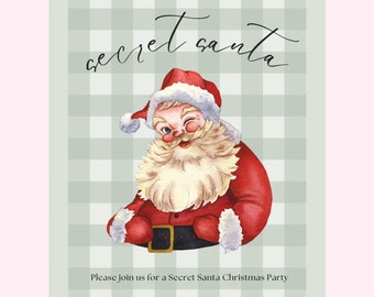 Pode incluir: Convite para uma festa de Natal Secret Santa com uma ilustração do Pai Natal a piscar o olho. O convite inclui o texto "Secret Santa" e os detalhes do evento. O convite mede 12,7 x 17,8 cm.