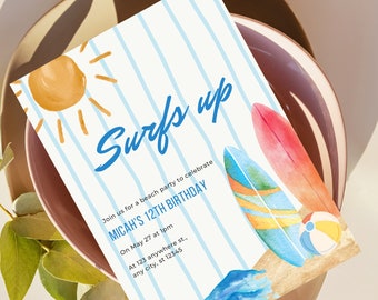 May include: A blue and white striped invitation with the text "Surfs Up" in blue. The invitation is for Micah's 12th birthday beach party. The invitation features a sun, surfboards, and waves.