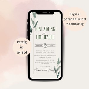 Faire-part de mariage numérique | faire-part de mariage personnalisé | Carton d'invitation vert avec des feuilles | Envoyé via WhatsApp