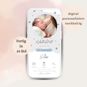 annonce de naissance numérique bébé est là | carte de naissance personnalisée faire-part de naissance bleu avec photo | Nous sommes parents| Envoyer via WhatsApp