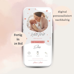 cartão de anúncio de nascimento digital bebê está aqui | Anúncio de nascimento digital e personalizado com foto | Somos pais | Enviar via WhatsApp
