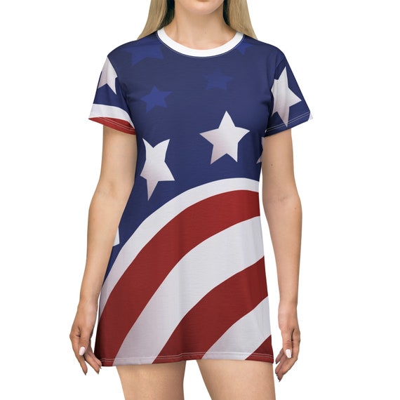 American Flag, American Heritage, 4th of July, Casual, All-Over Print, T-Shirt Dress (aop)