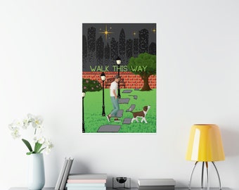 Walking The Dog in the Park, Cityscape, Print Art, Vertical Posters
