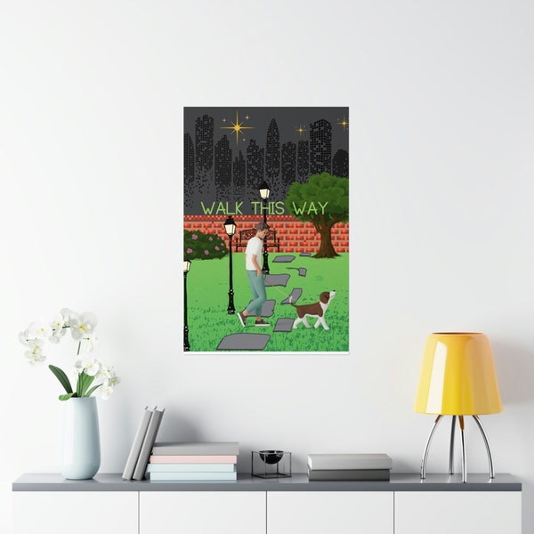 Walking The Dog in the Park, Cityscape, Print Art, Vertical Posters