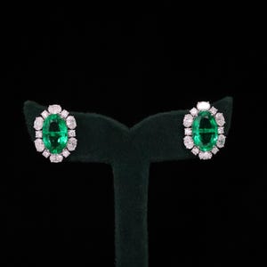 Emerald Stud Earrings: Lab Grown Diamond Halo, 14k Gold Cocktail Studs