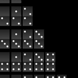 May include: Arrangement of black dominoes with white pips against a black background. The dominoes are arranged in a descending triangular pattern, showcasing various combinations of dots. The image is a simple, graphic representation of the classic game.