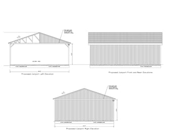 May include: Line drawing of a carport design with three different views: left, front and right. The drawing shows the dimensions of the carport, which is 20 feet wide and 12 feet deep. The carport has a sloped roof with a gable design.