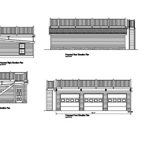 May include: Black and white line drawing architectural plans for a garage with a deck. The plans show the front, rear, left, and right elevations of the garage. The garage has three garage doors and a staircase leading up to the deck.