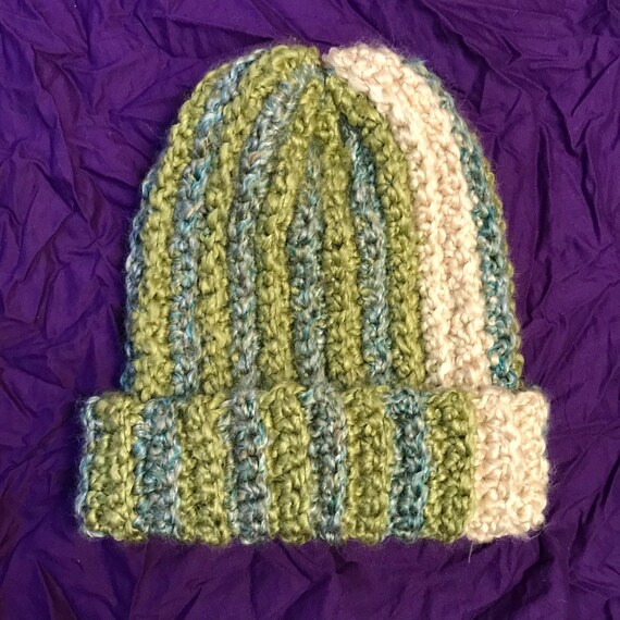 Multicolor Blue and Green Beanie With Cream Stripe Handmade  display picture 2